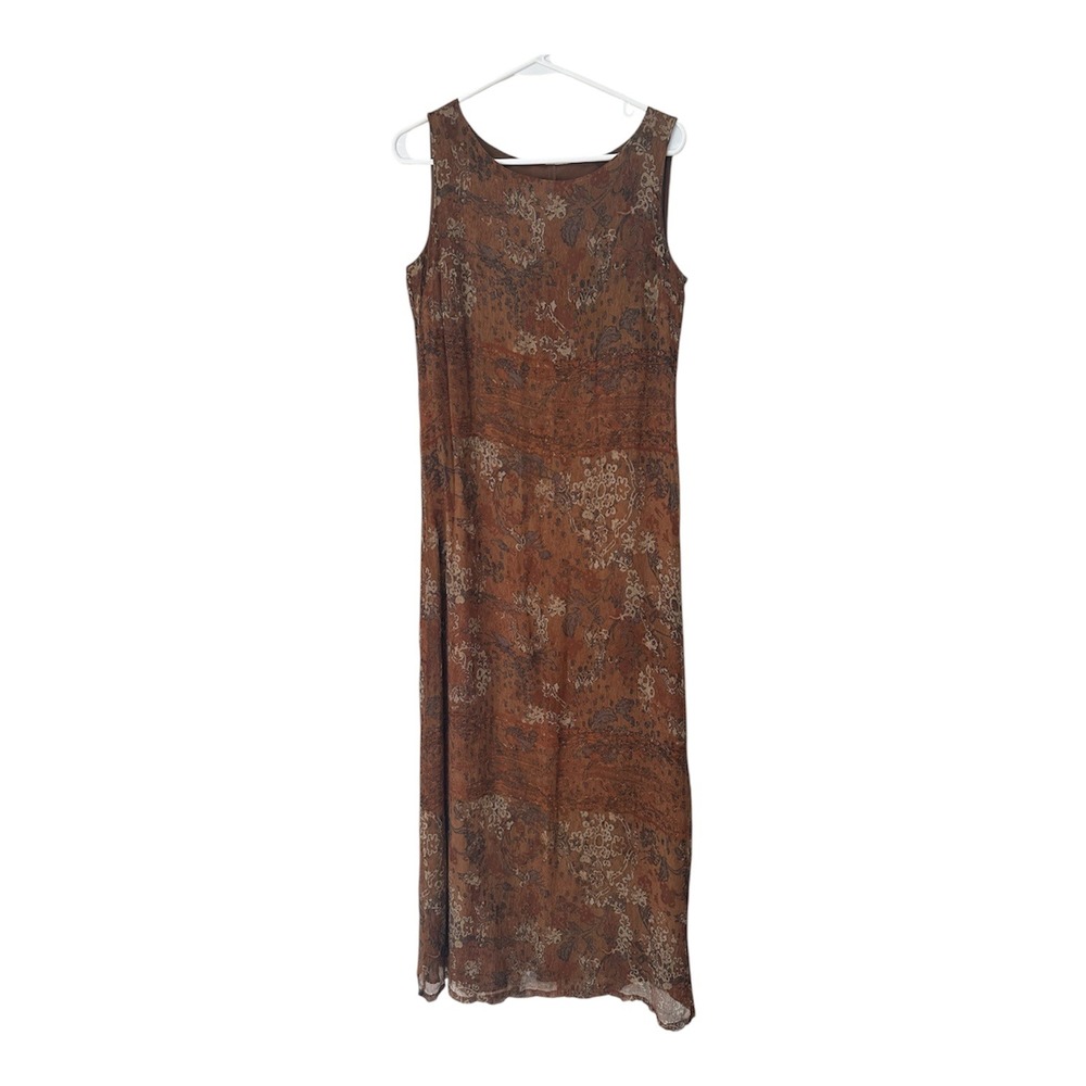 Carole Little Vintage 90s Silk Maxi Dress Brown Floral Paisley Sleeveless Size 6